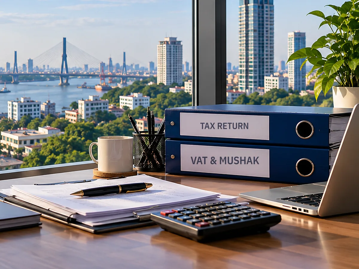 Office desk with tax and VAT files, a calculator and a laptop, city skyline through the window
